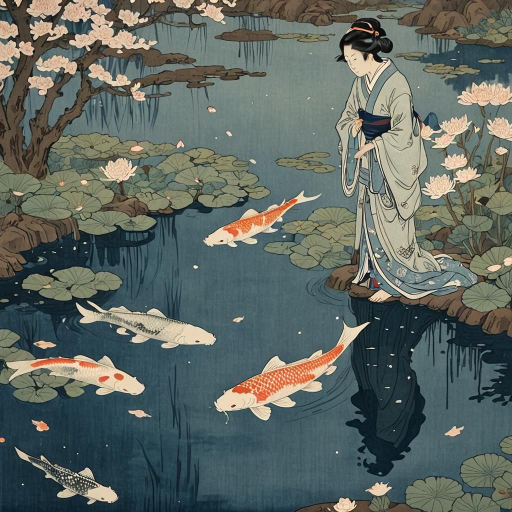 Daimyo at Koi Pond in Ukiyo-e Style