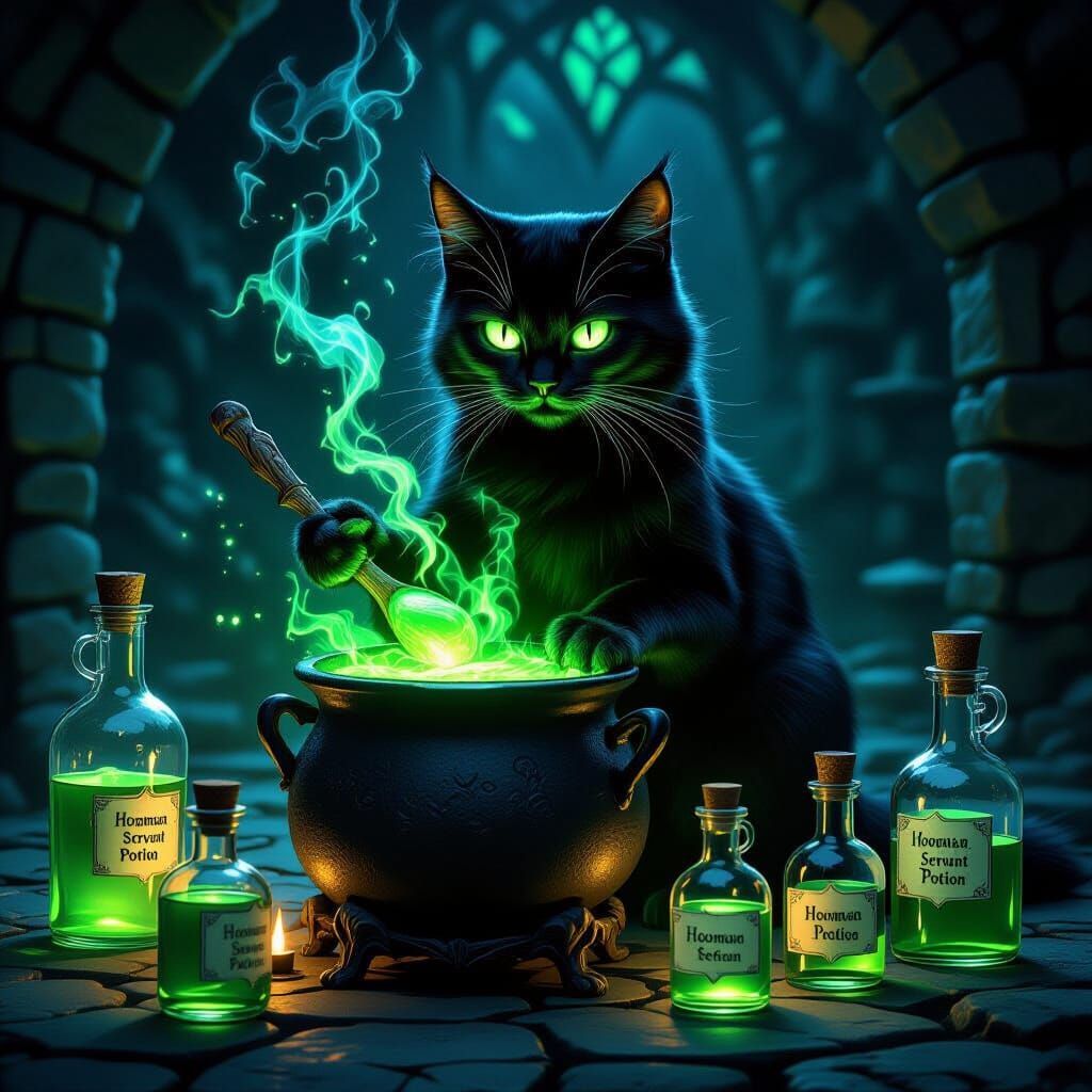 Black Cat Brews Hooman Servant Potion in Gothic Art Style