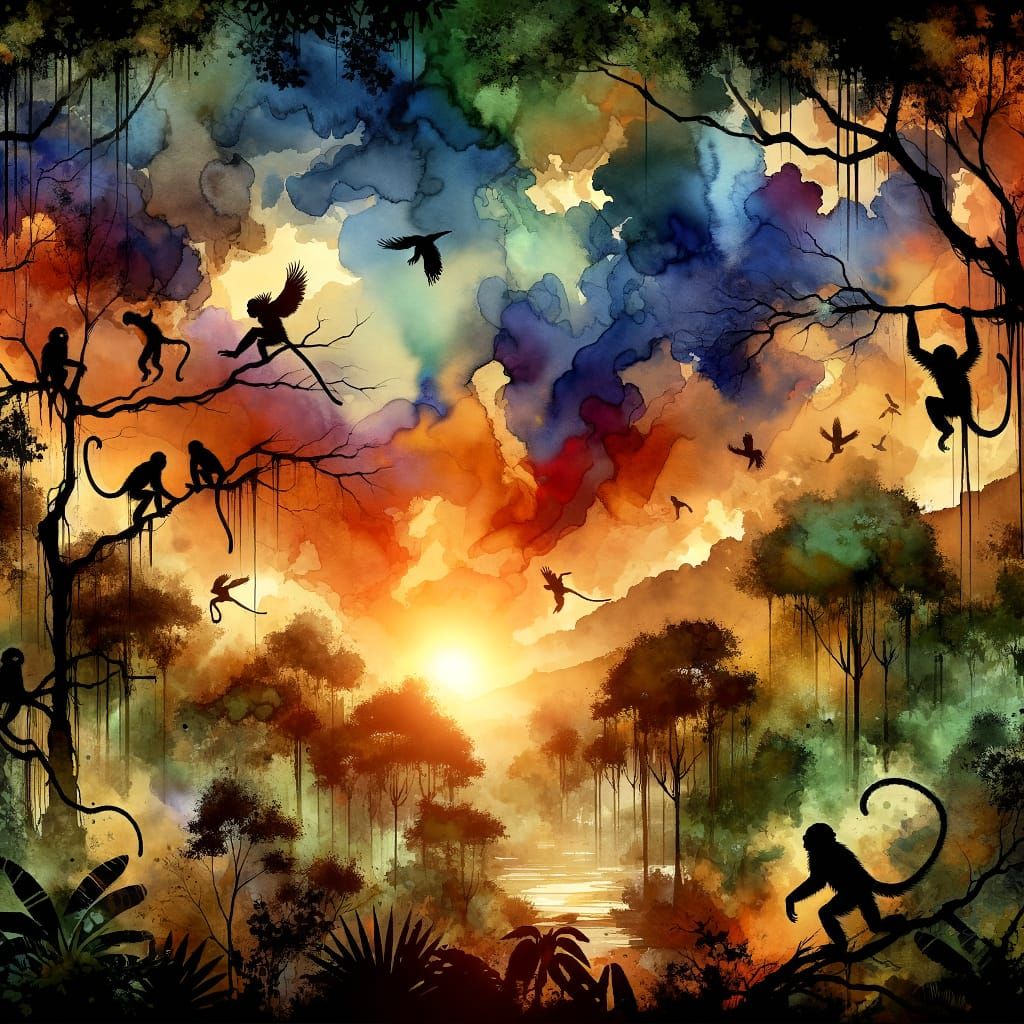 Vibrant Jungle Sunset in Watercolor and Ink