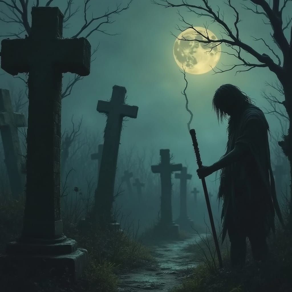 Spooky Graveyard Wanderer at Dusk in Ominous Style