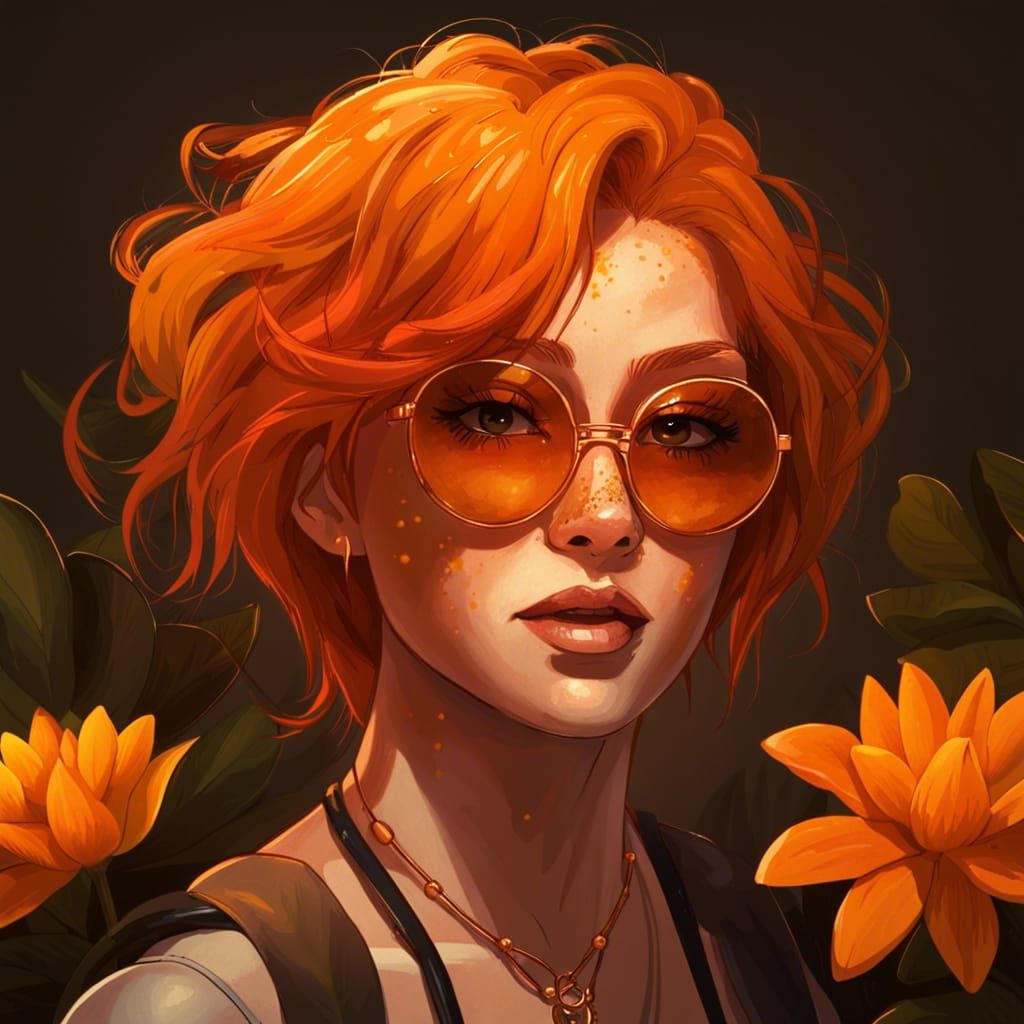 Girl with Freckles and Dalias: Art Nouveau Portrait