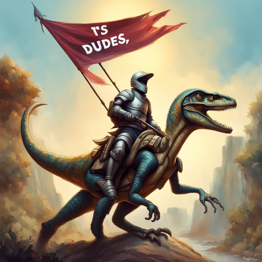 Knight on Velociraptor: Hyperrealistic Splash Art