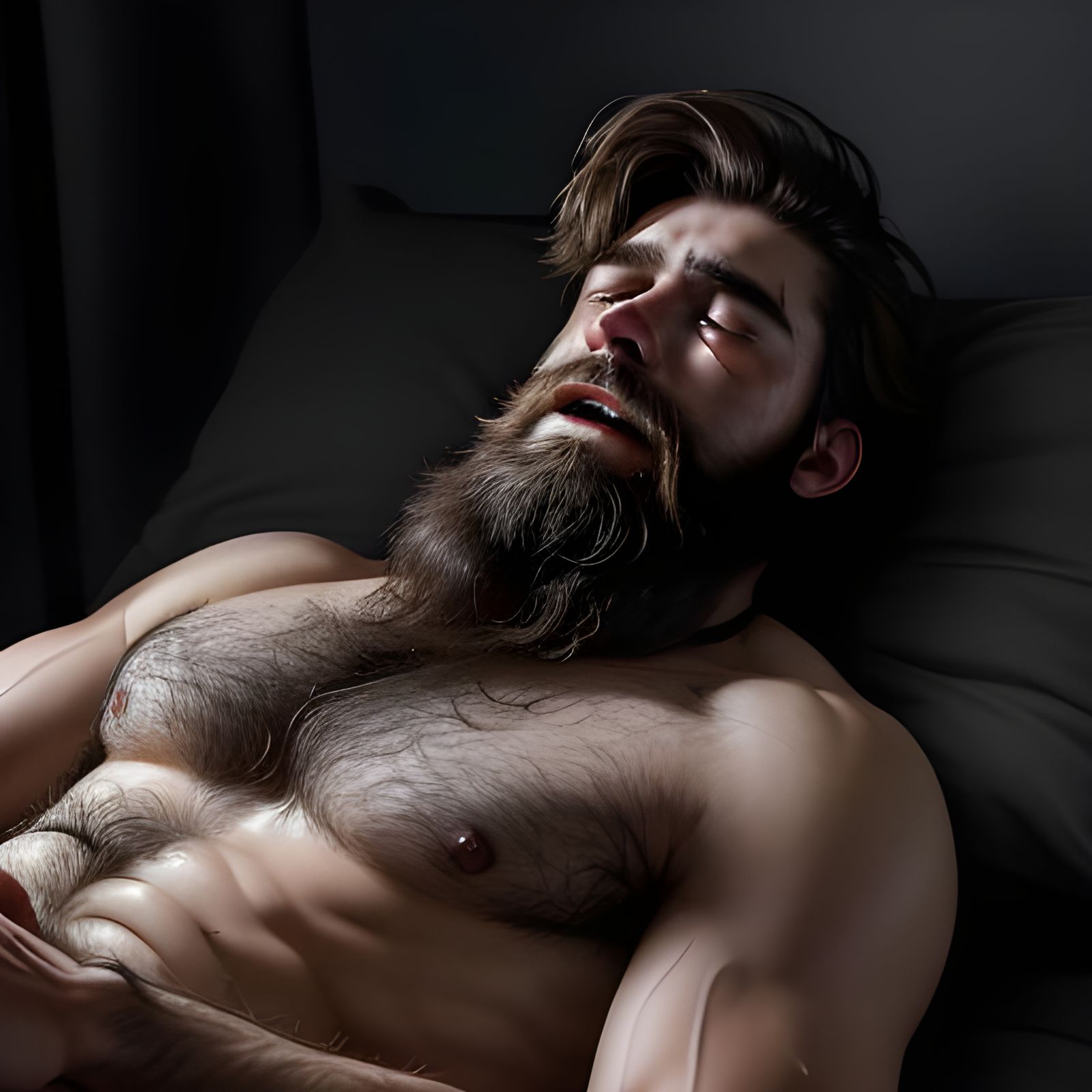 Crying Bearded Man in Dark Room