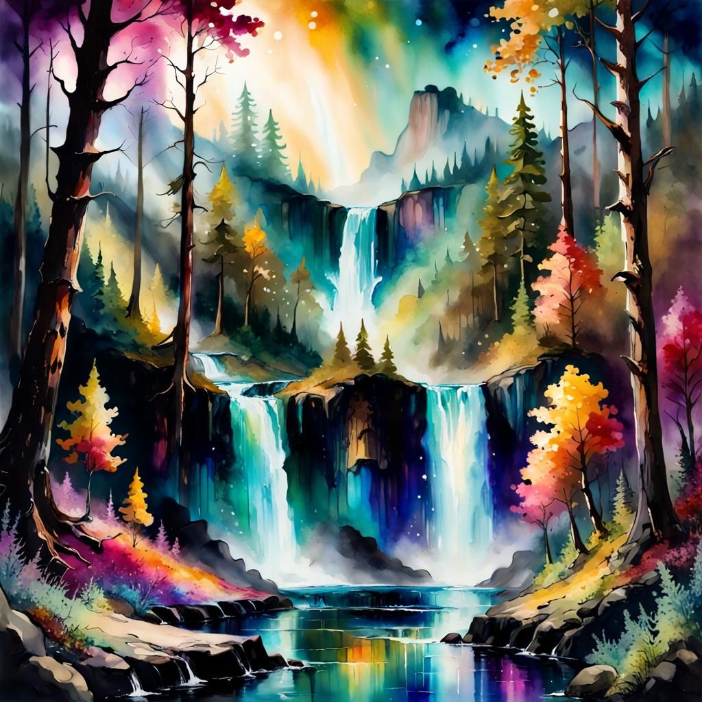 Sparkling Waterfall in Alcohol Ink, Magical Forest