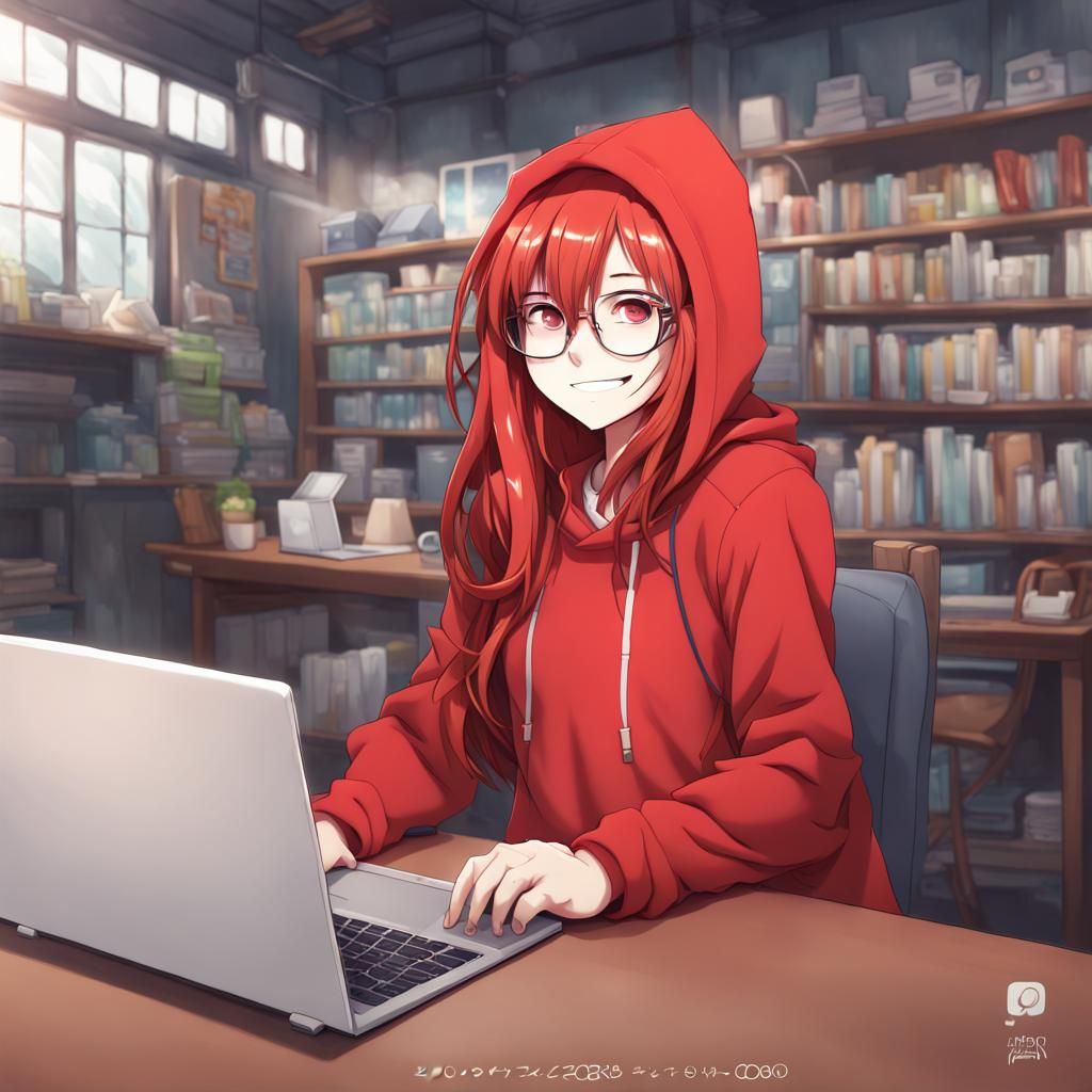 Anime Girl with Laptop in Manga Style