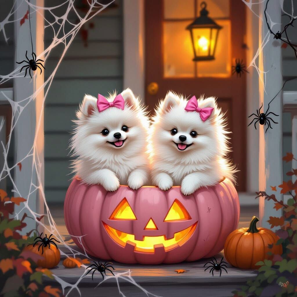 Fluffy Pomeranians in Pink Pumpkin on Spooky Halloween Porch