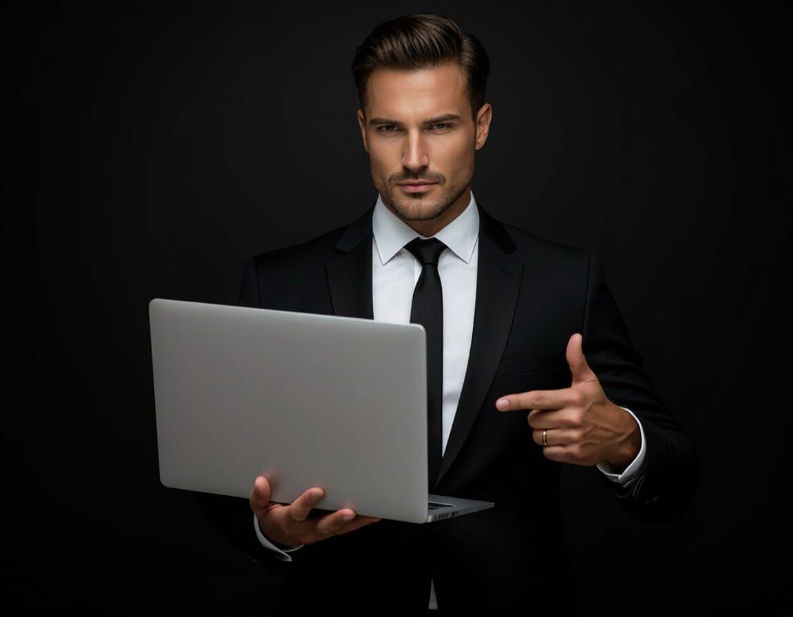 Man in Black Suit Gesturing to Laptop Screen