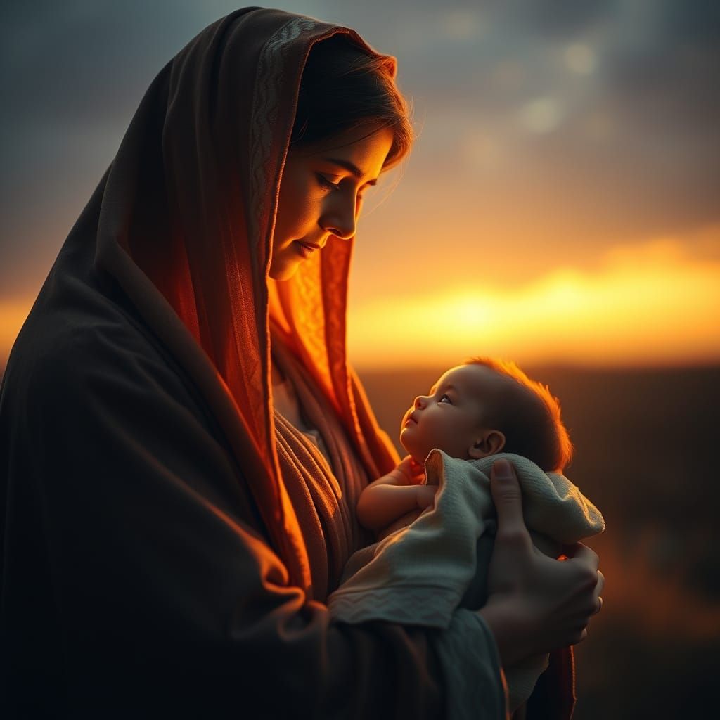 Mary and Baby Jesus at Dawn in Hyperrealism