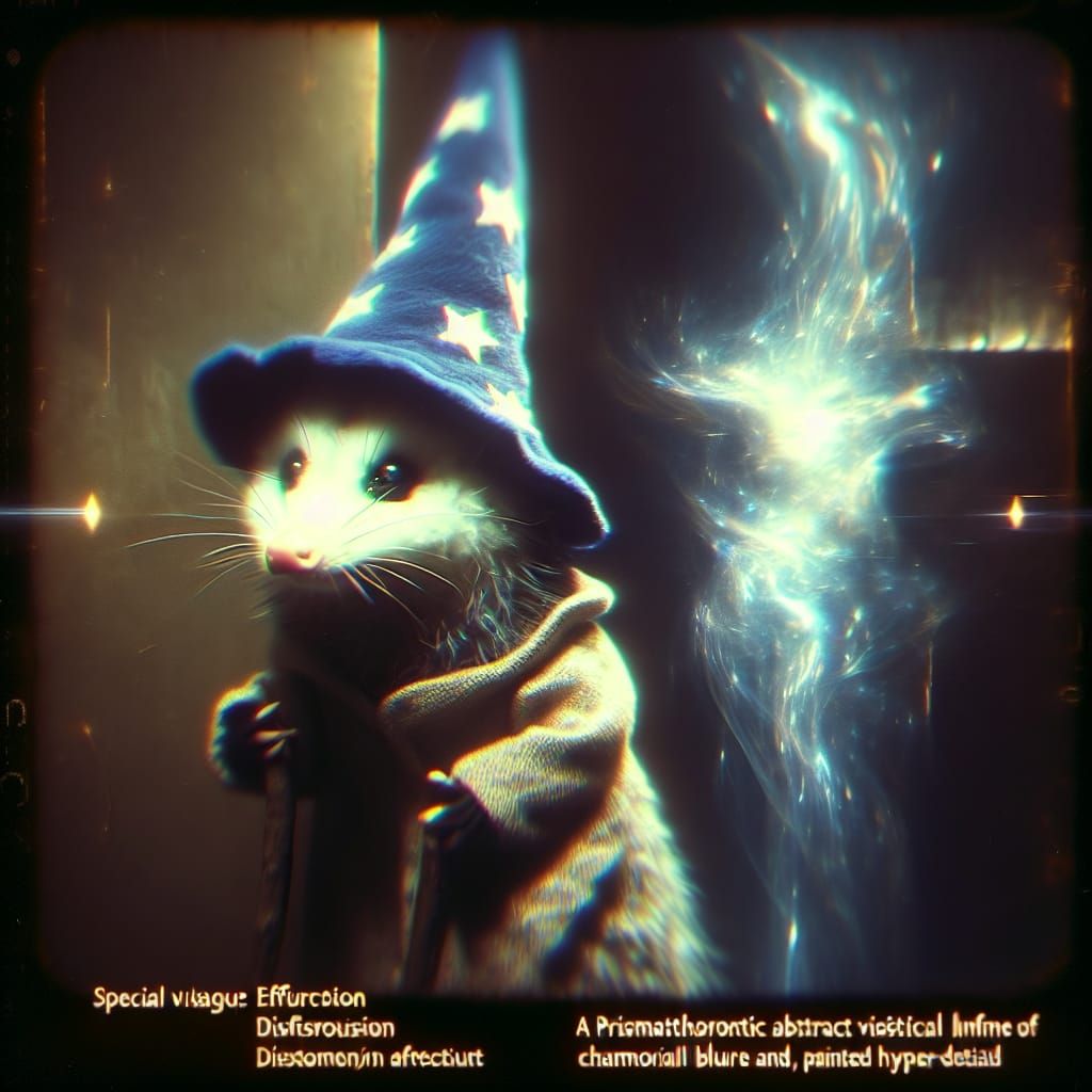 Surreal Dark Fantasy Scene with Opossum Wizard