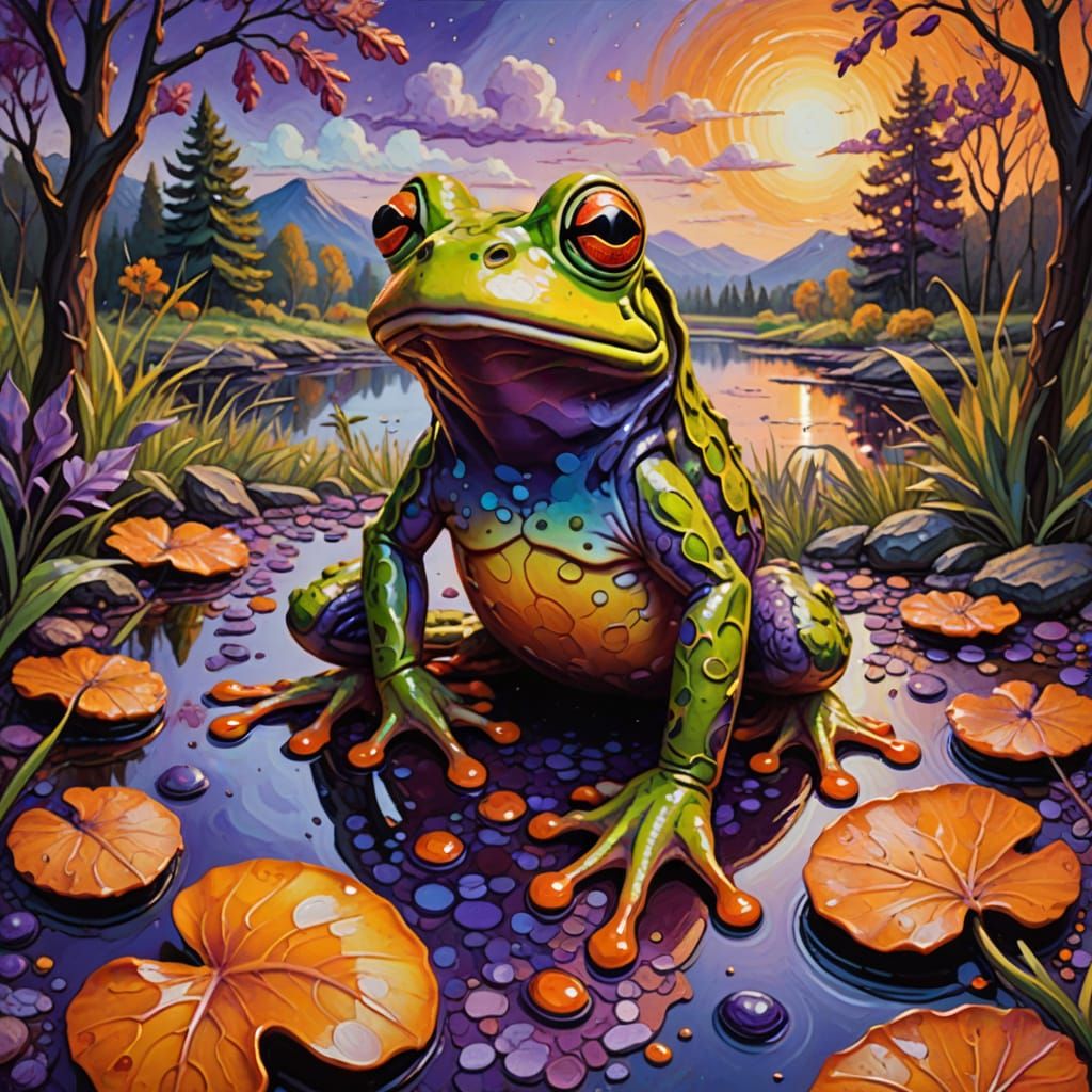 Vibrant Impasto Oil Painting of Amusing Frog in a Fantastica...