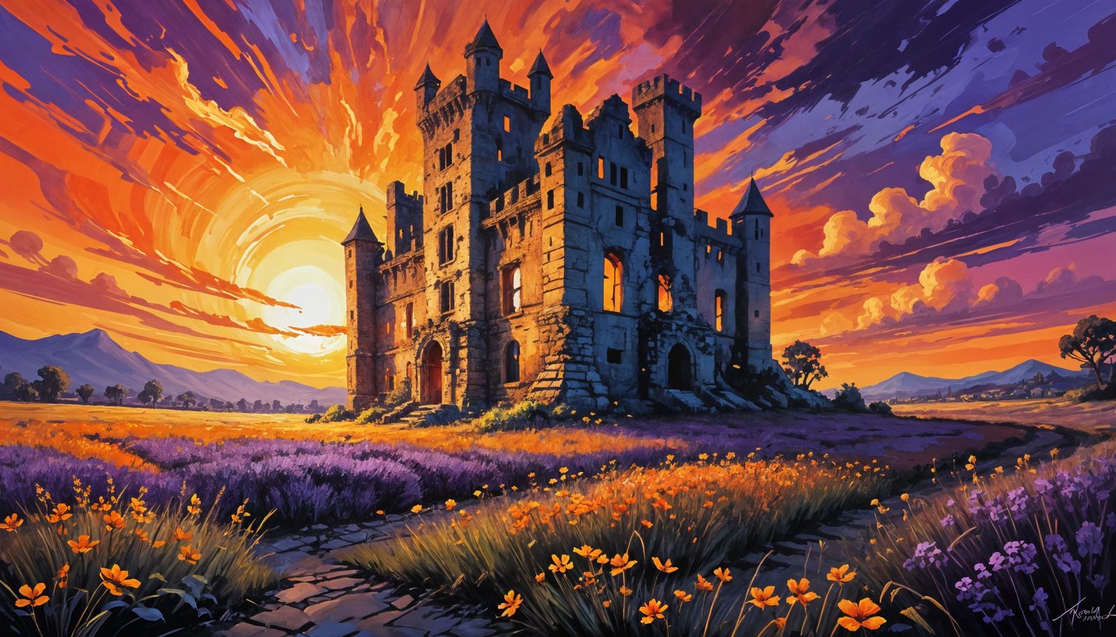 Fauvist Sunset Castle Ruin in Vibrant Oil Painting