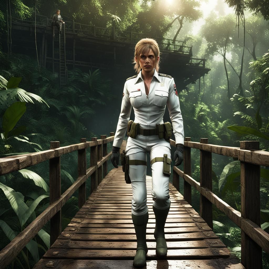 The Boss Crossing Jungle Bridge in Photorealistic Style