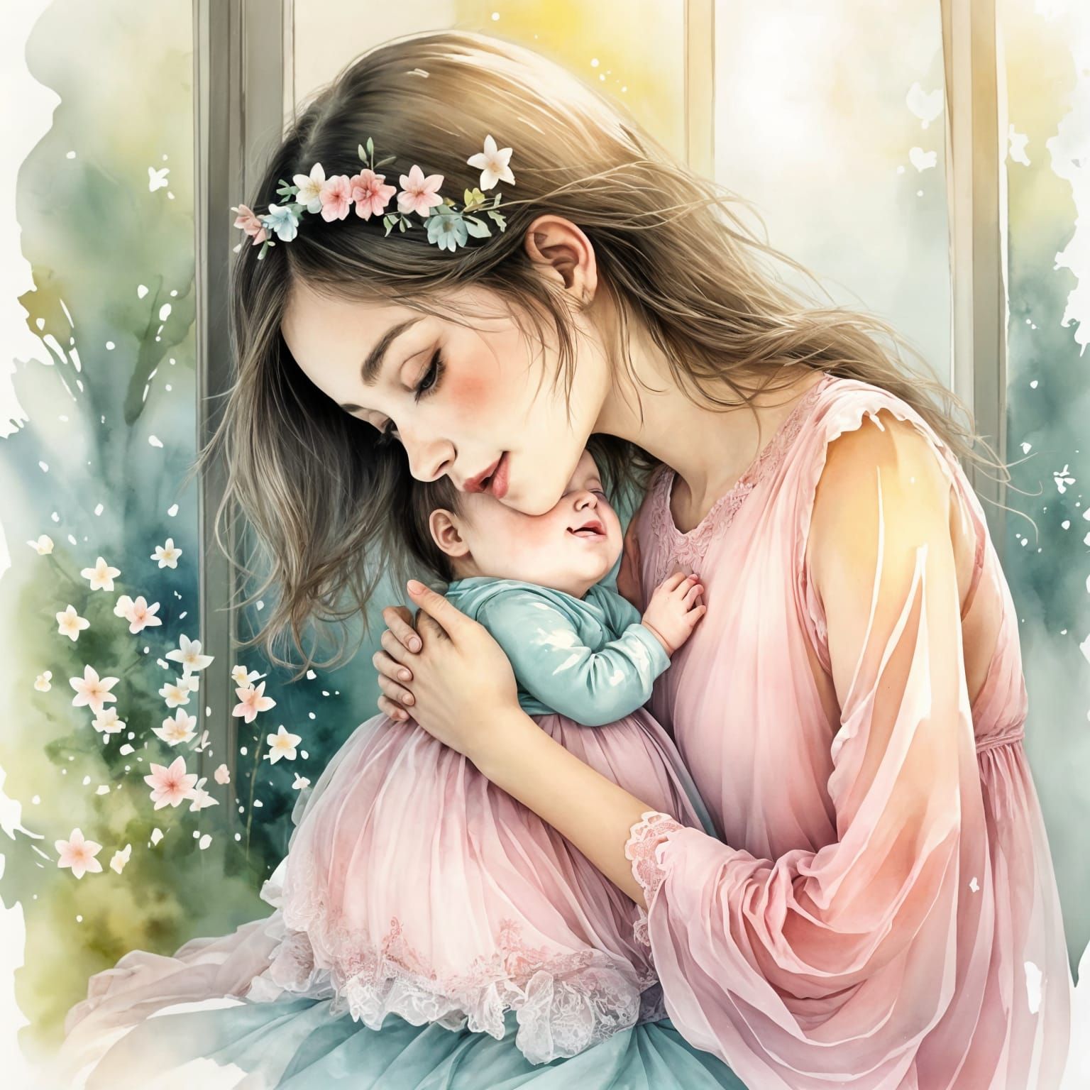 Whimsical Mother and Child in Watercolor Style