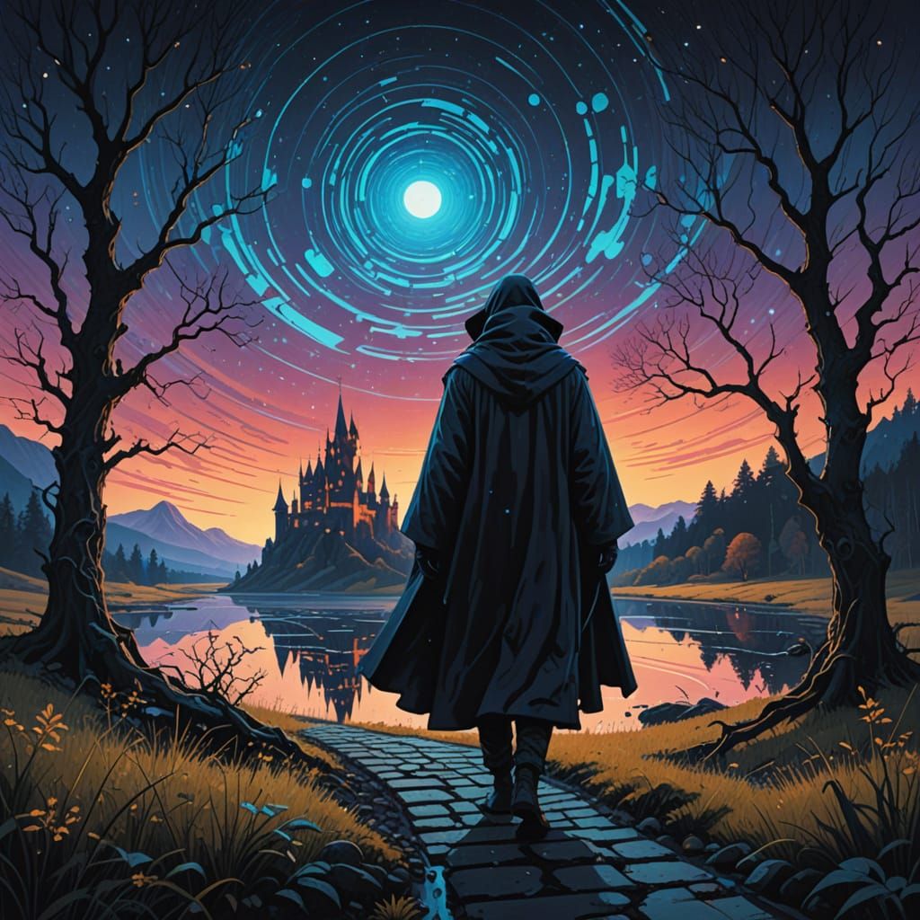 Mystical Stranger Amidst Gothic Castle and Celestial Wonders