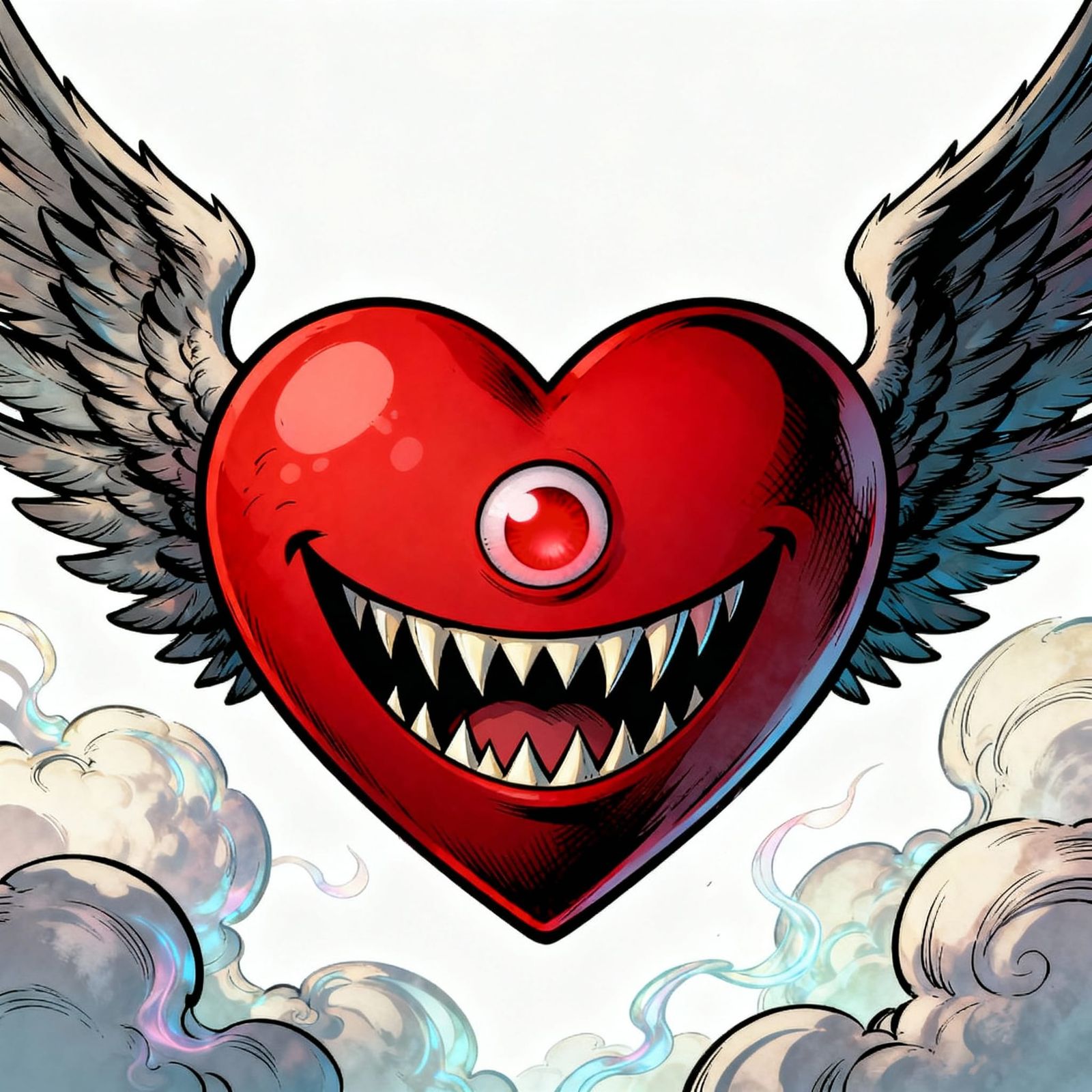 Menacing Cartoon Heart with Wings in Comic Book Style