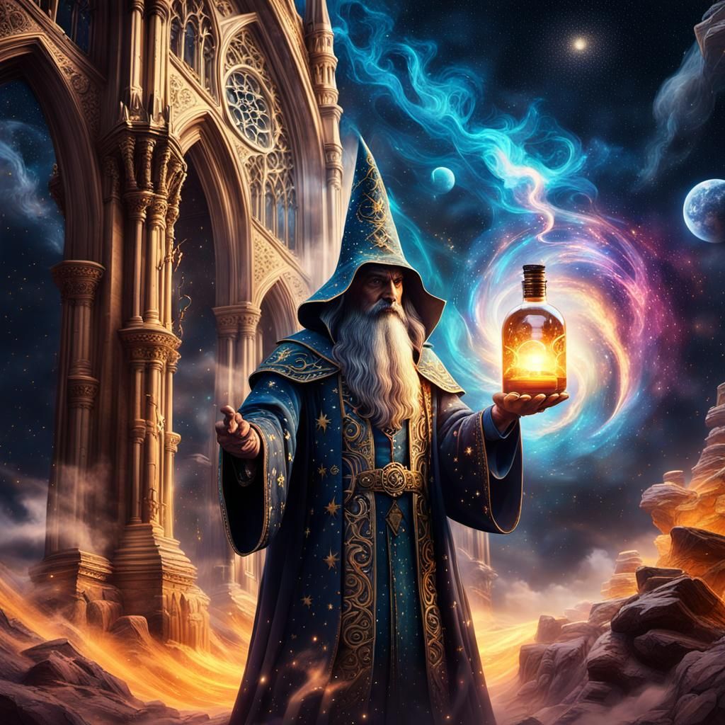 Wizard Holding Starry Space Bottle: Gothic Fantasy Art