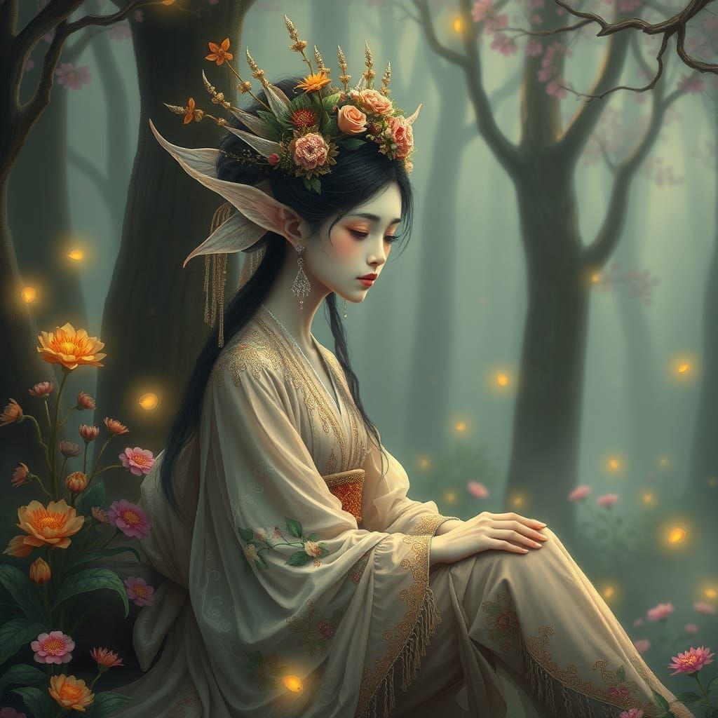 Ethereal Elf Geisha in Dreamlike Surrealism