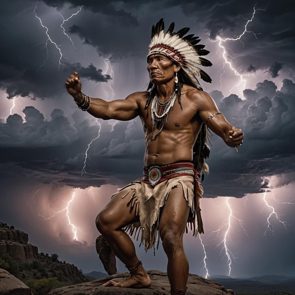 Native American Man Under Lightning Sky