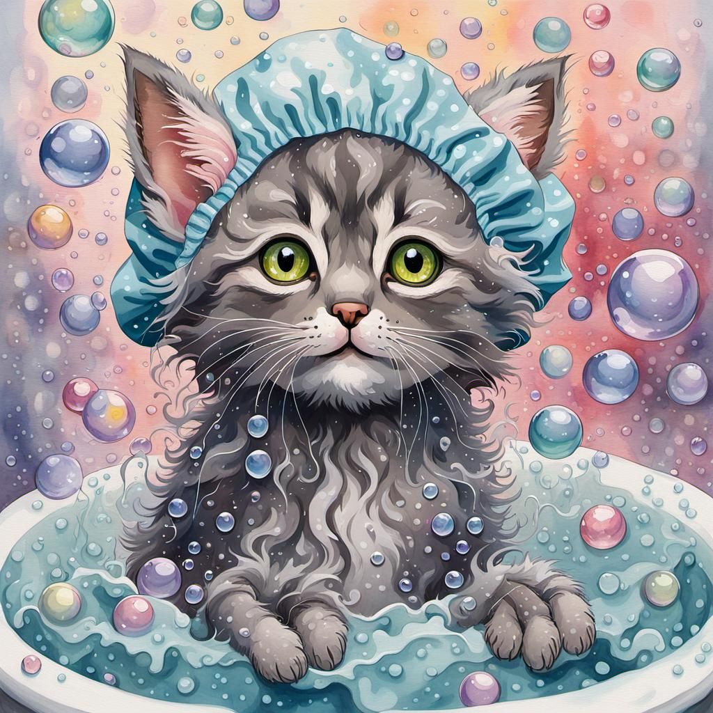 Kitten's Bubble Bath: An Art Nouveau Oil Painting