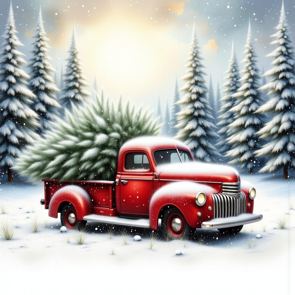 Vintage Truck with Christmas Tree in Snowy Landscape