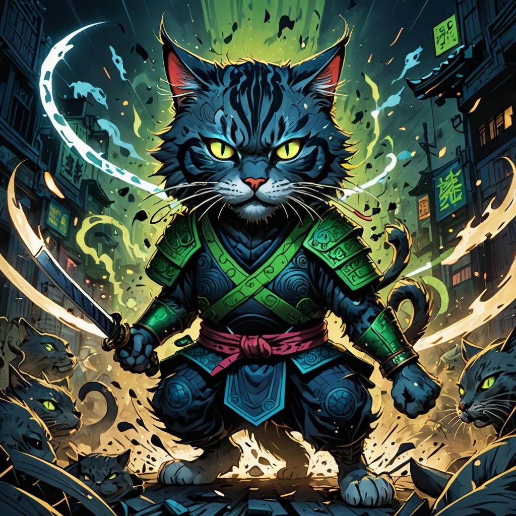 Samurai Cat in Comic Book Art Style