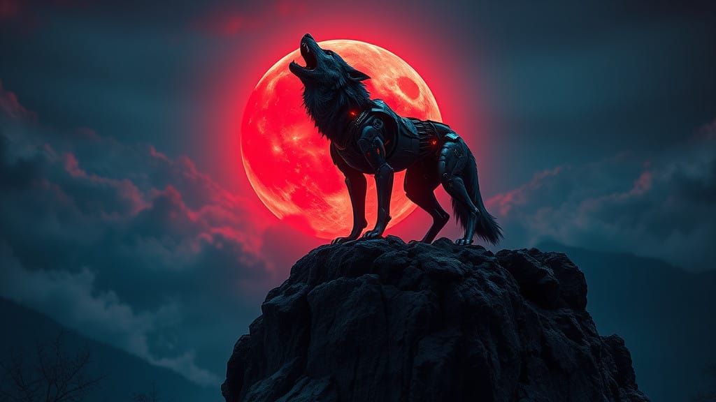 Cyberpunk Wolf Silhouetted Under a Blood-Red Moon