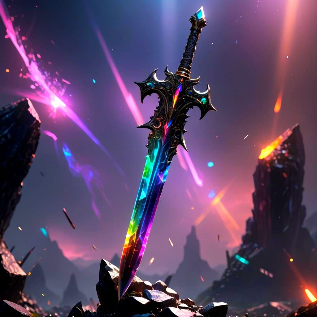 Rainbow Light Sword Embedded in Dark Crystal