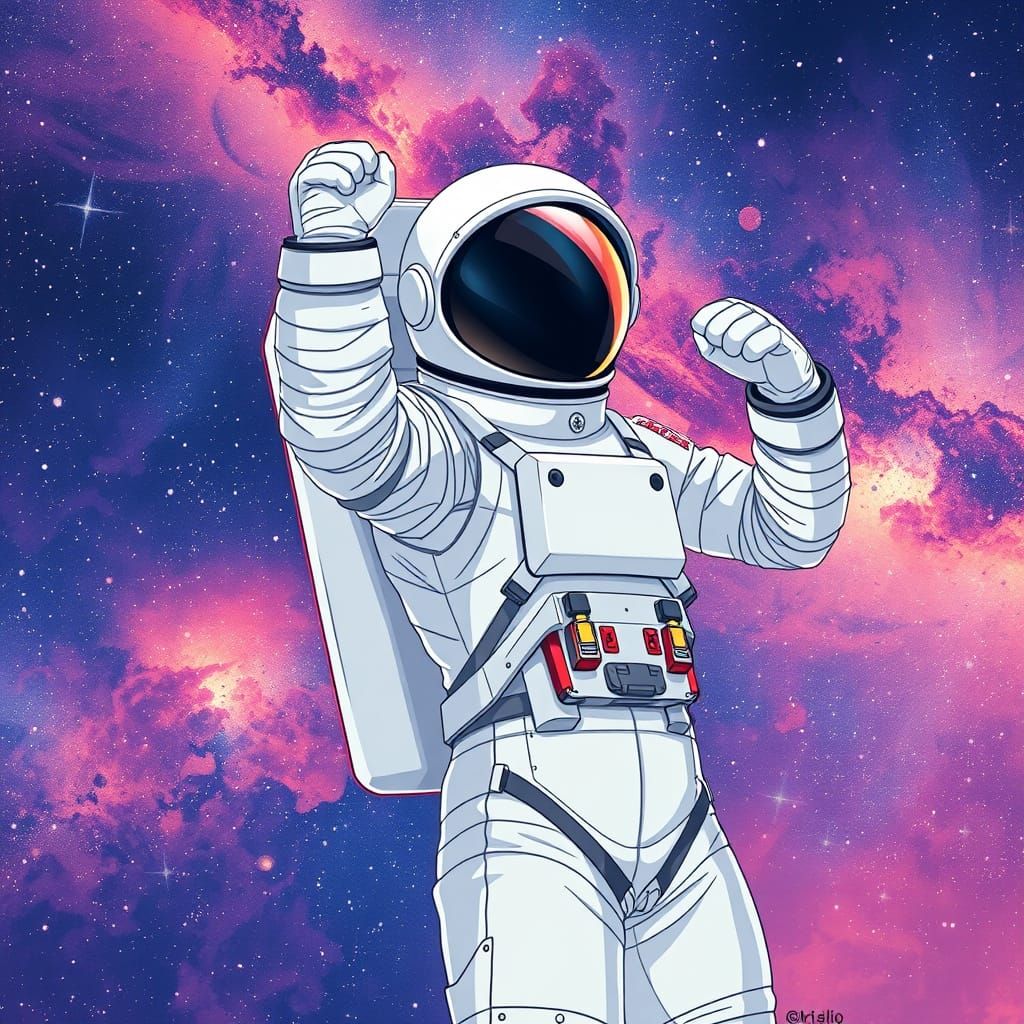 Heroic Astronaut in Vibrant Starry Night Sky Anime Style