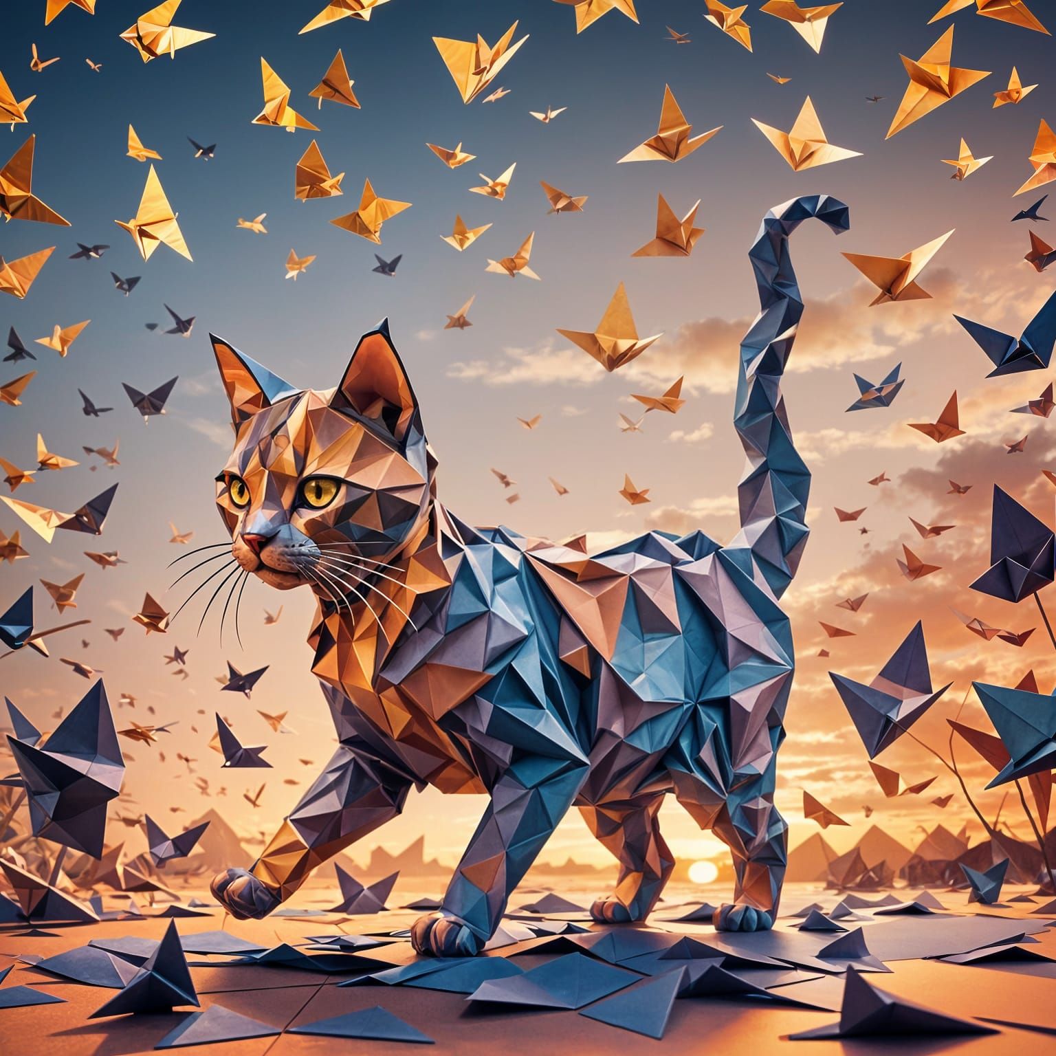 Surreal Sunset: Origami Cat Double Exposure