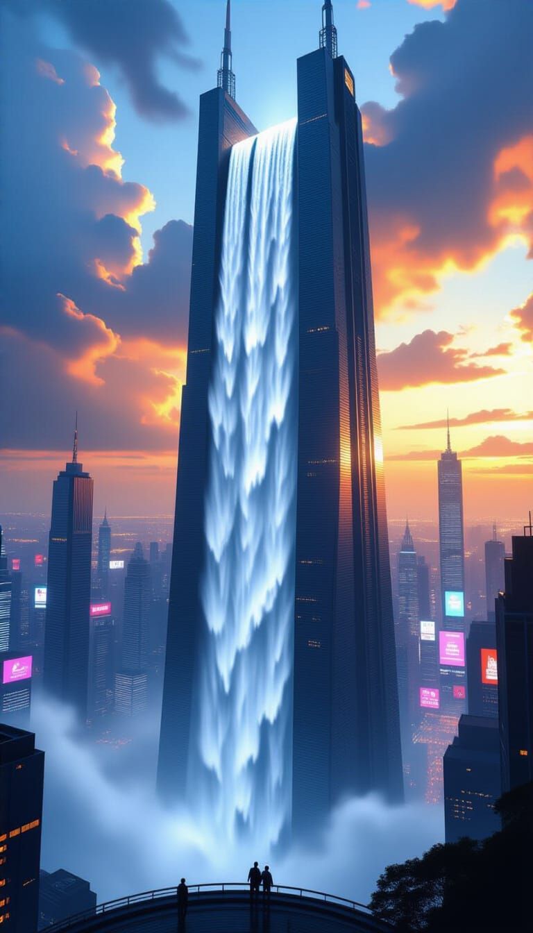 Futuristic Waterfall Cityscape as Matte Painting