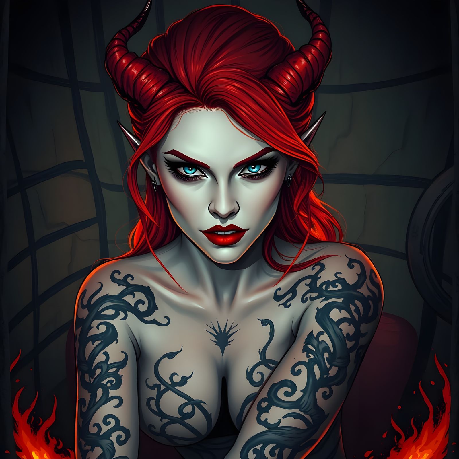 Half-Demon Woman with Red Hair and Black Tattoos in a Dark J...