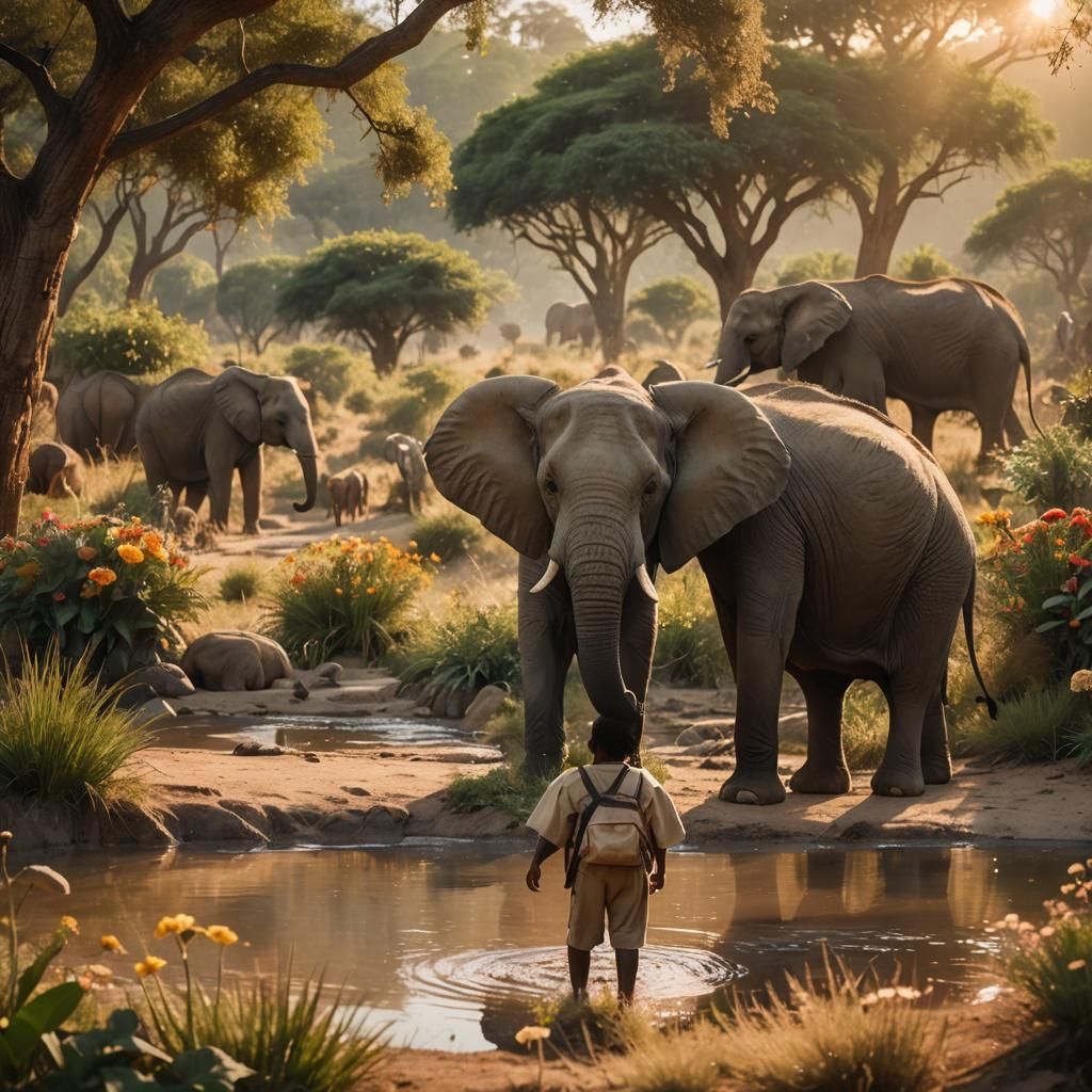 Elephant Finds Waterhole in Cinematic Savanna Scene