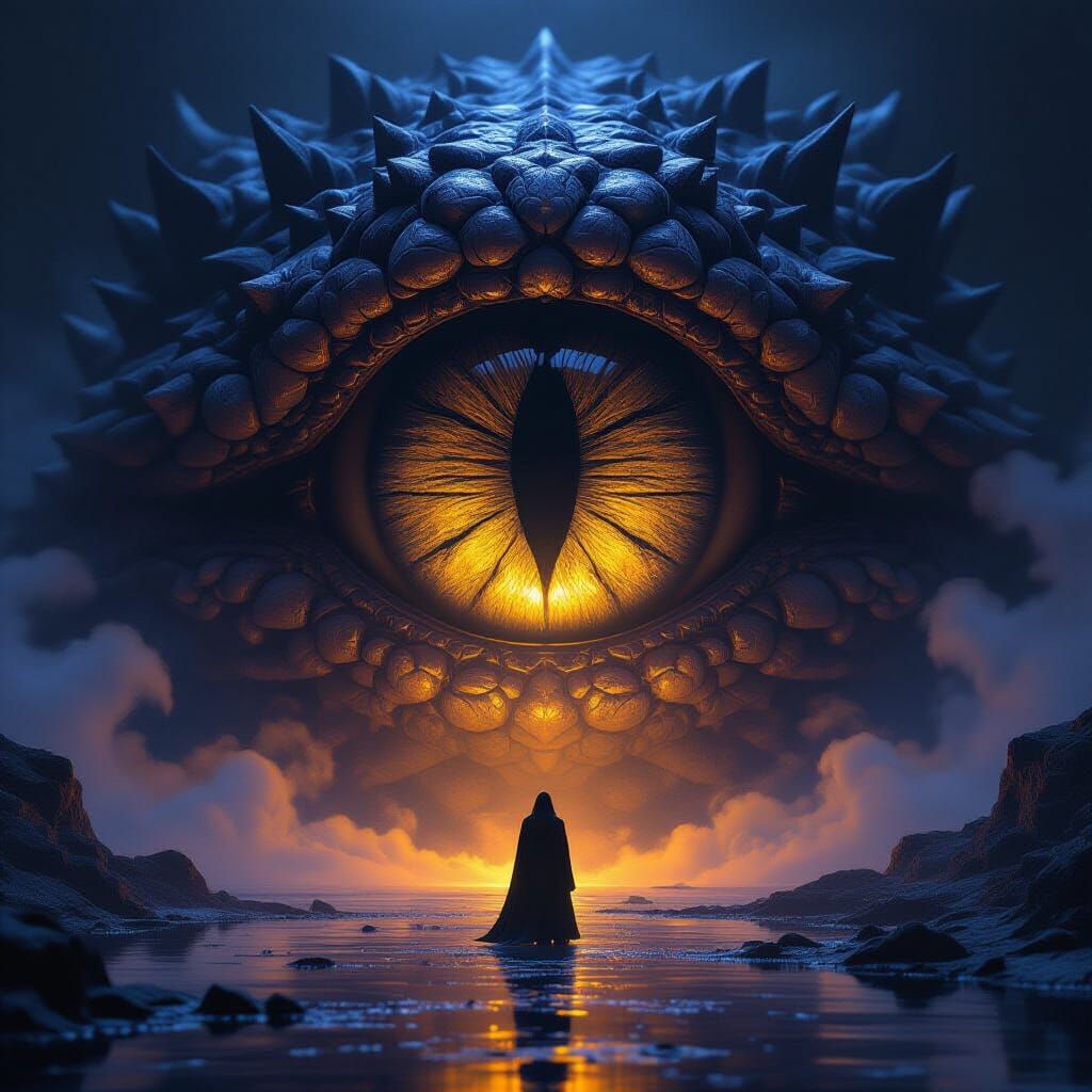 Colossal Reptilian Eye and Tiny Figure in Dark Fantasy