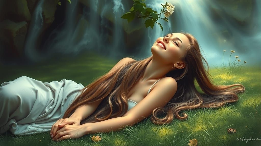 Hyperrealistic Lady in Dreamlike Waterfall Scene