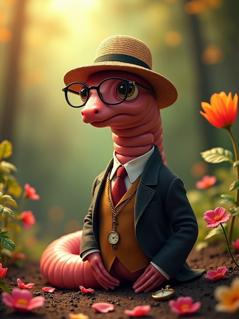 Erudite Earthworm in Floral Setting, Splash Art