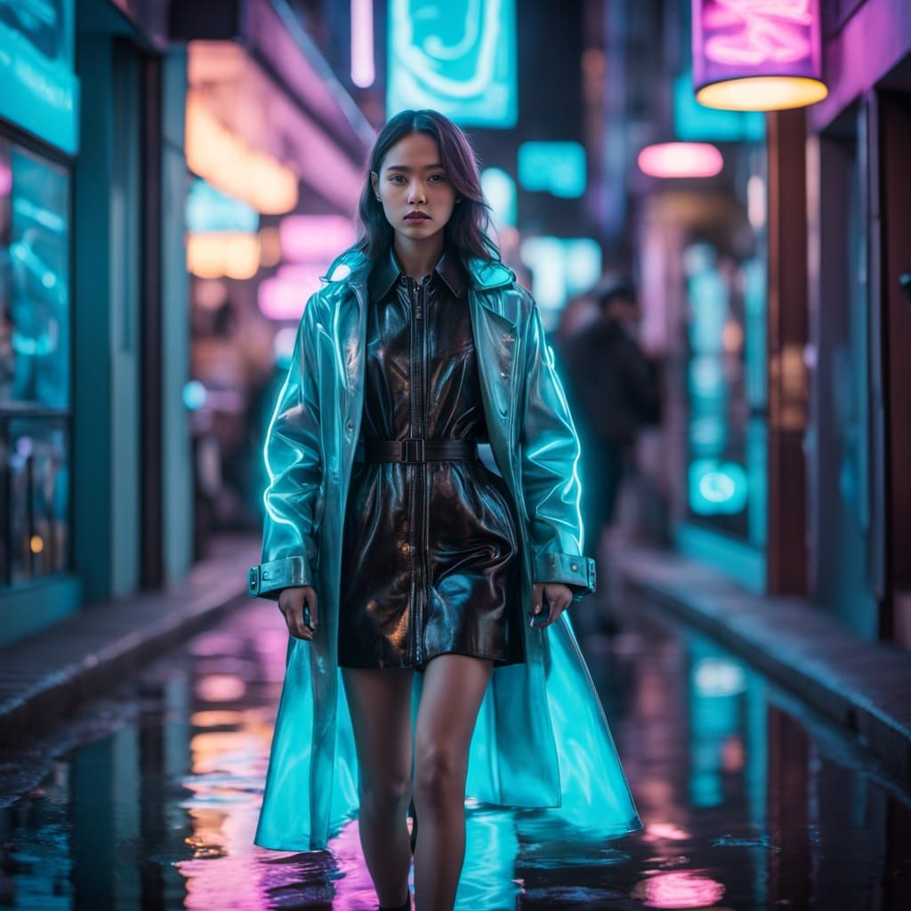 Model in Cyberpunk Cityscape with Neon Vapor Trails