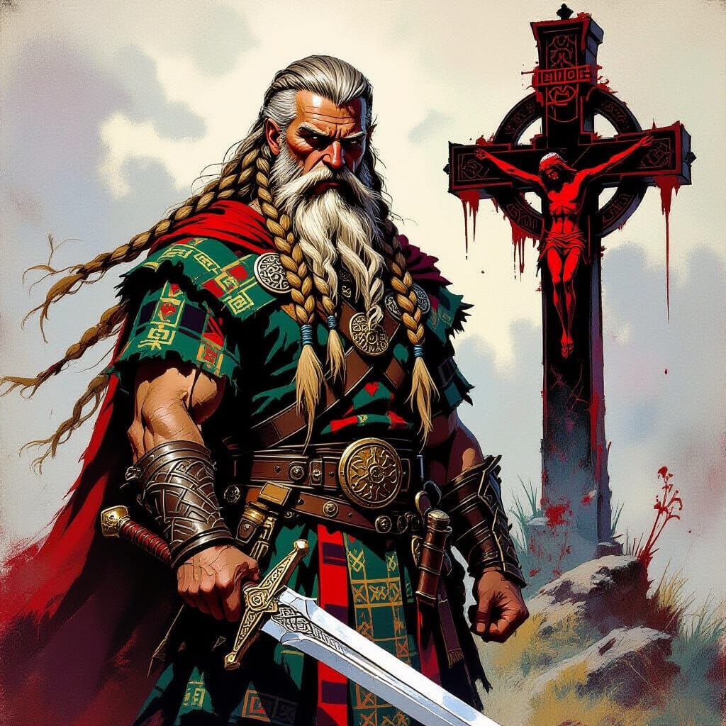 Celtic King with Sword Before Dark Cross