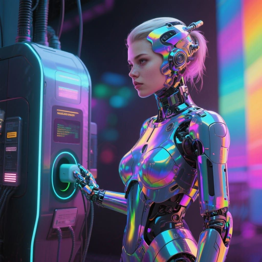 Iridescent Cyborg on Charging Station, Detailed Sci-Fi Art