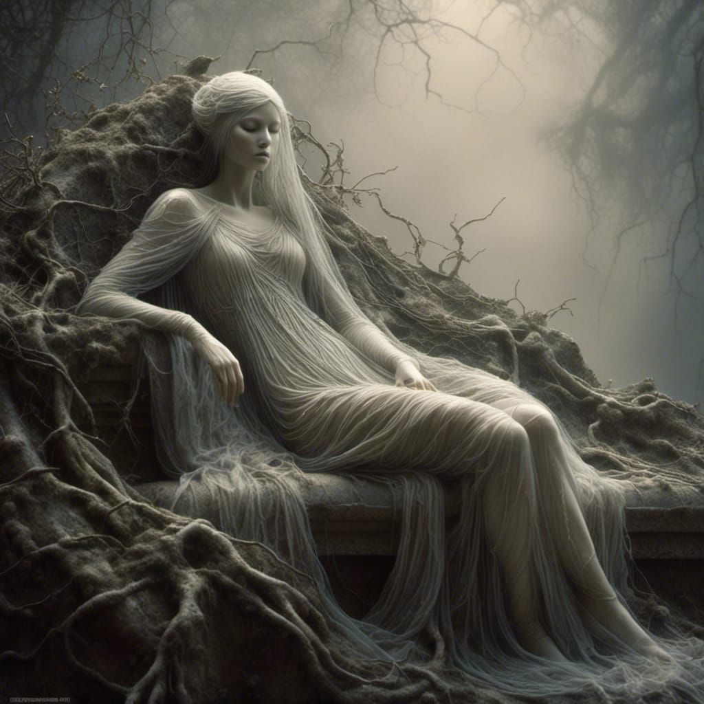 Ethereal Woman in Dreamlike Digital Landscape