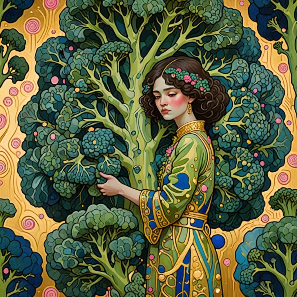 Gustav Klimt Inspired Girl Hugs Giant Broccoli in Vibrant Co...
