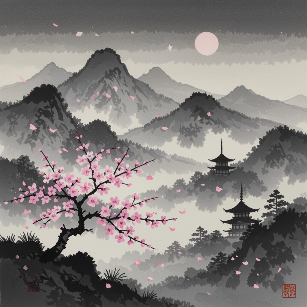 Monochrome Mountain Landscape in Sumi-e Style