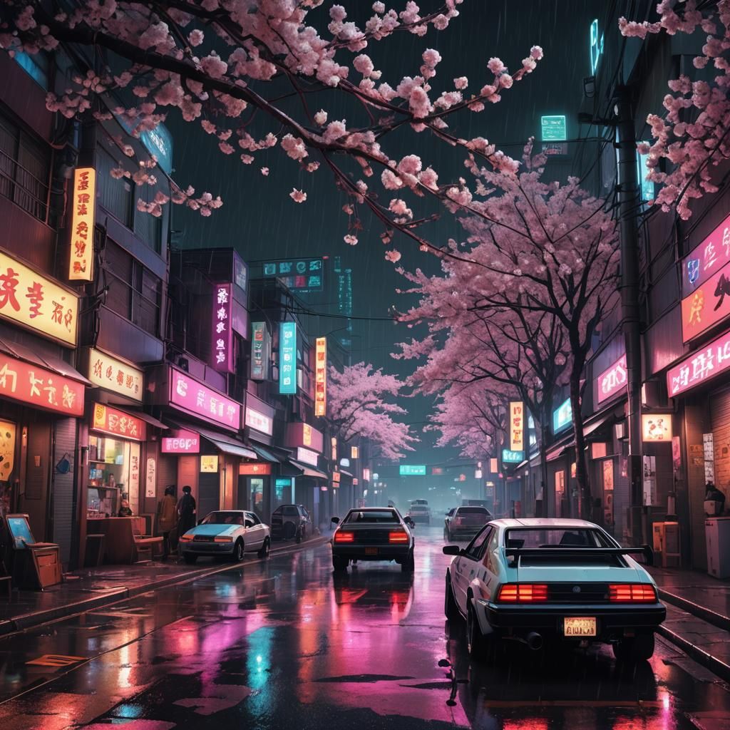 Cyberpunk Toyota AE86 at Night: Neon Cherry Blossoms