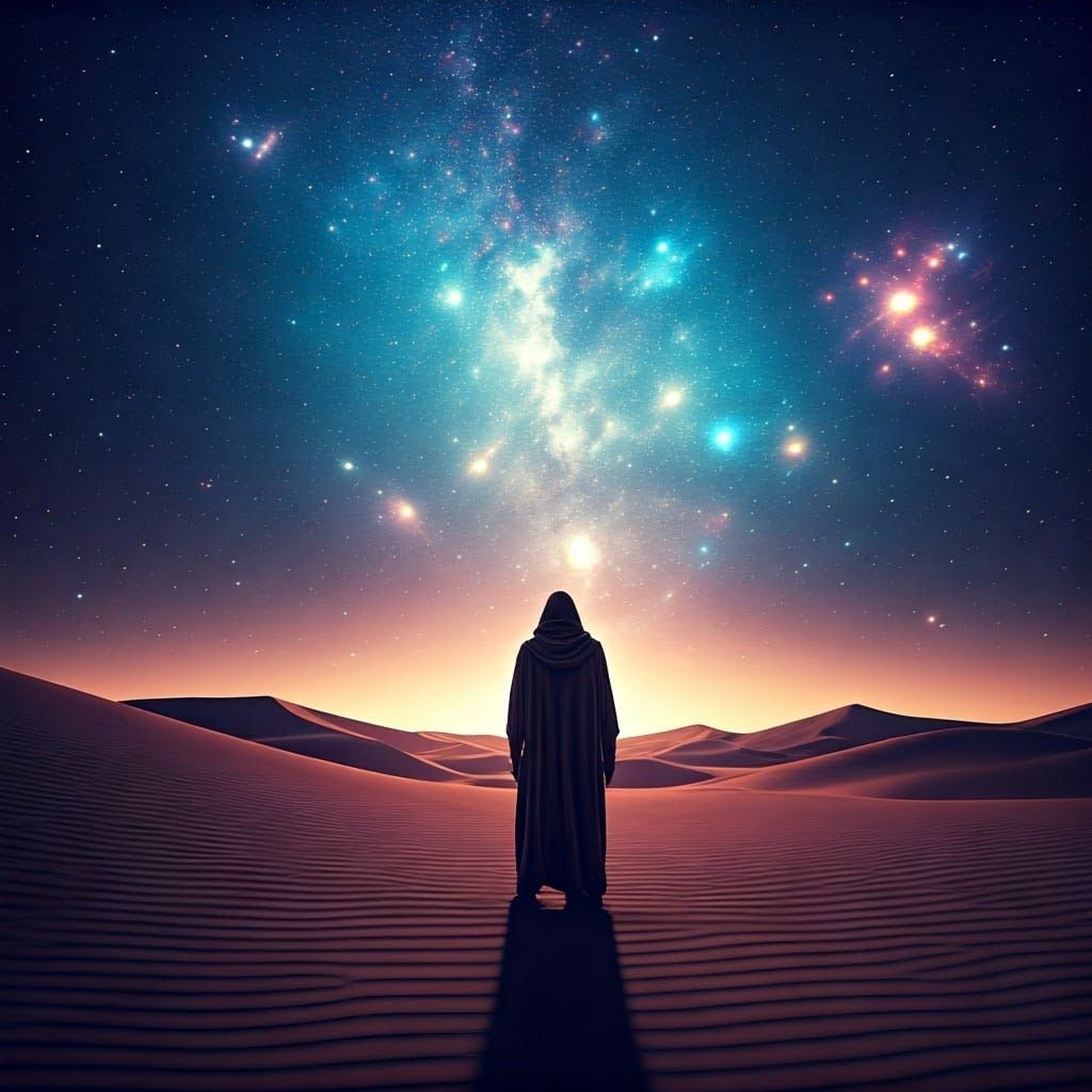 Desert Wanderer Under a Starry Sky: Dreamy Sci-Fi Art