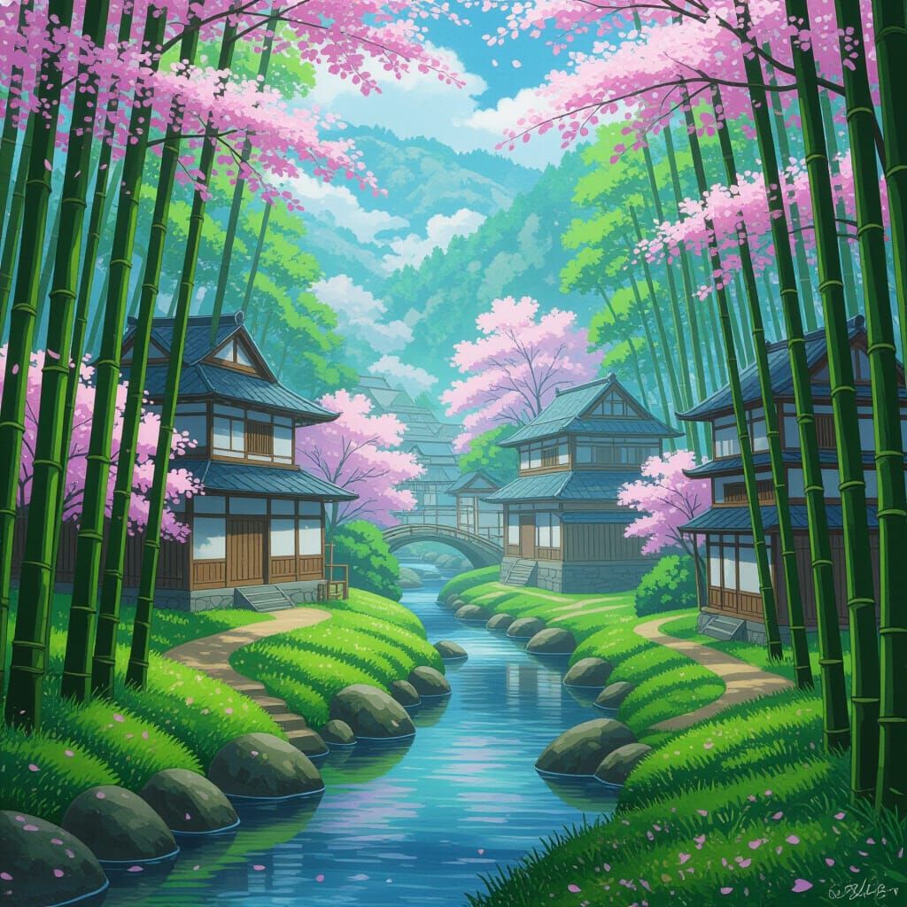 Serene Anime Village in Bamboo Forest with Cherry Blossoms