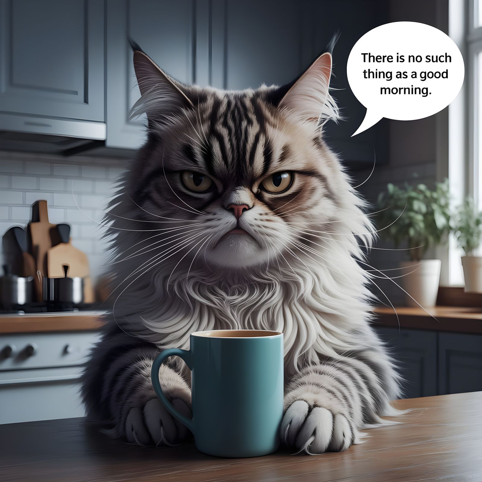Grumpy Cat Sips Coffee in Moody Kitchen Scene