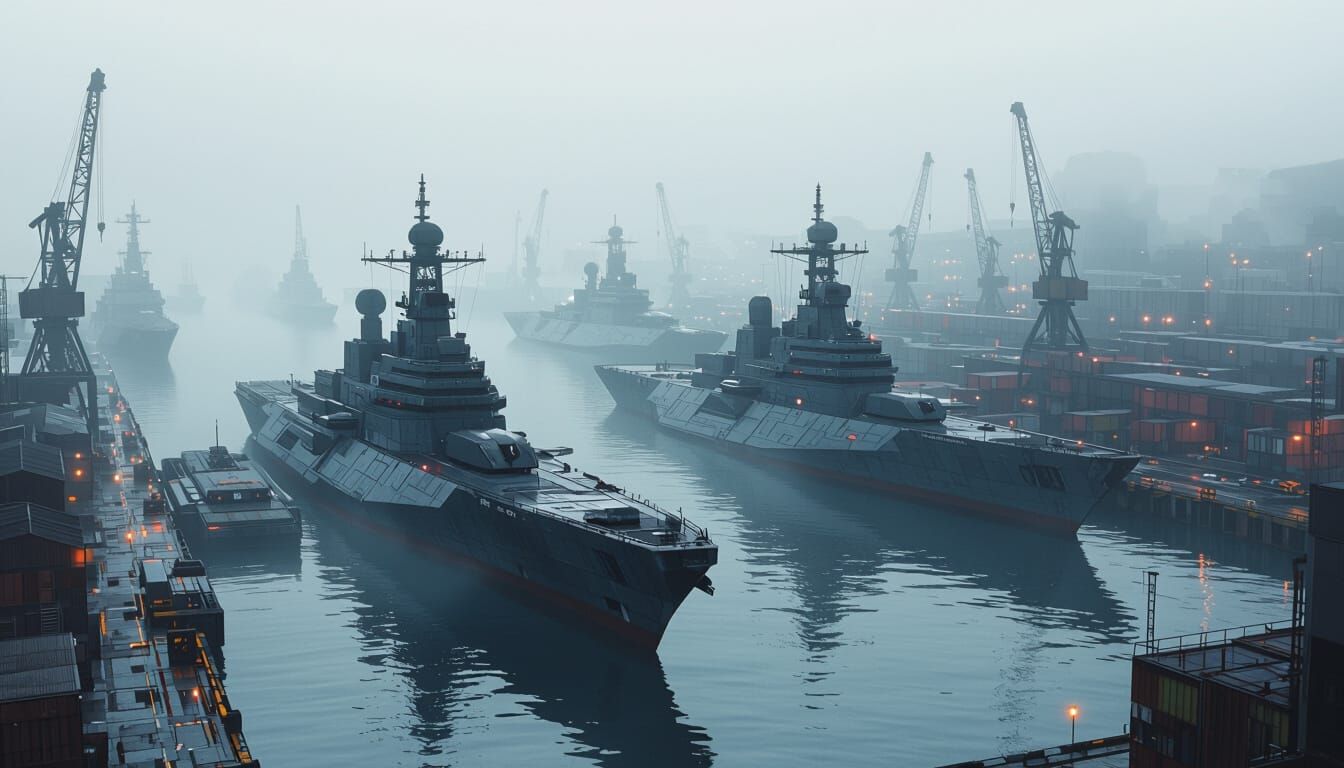 Futuristic Warship Spacecraft Harbor in Photorealistic Style