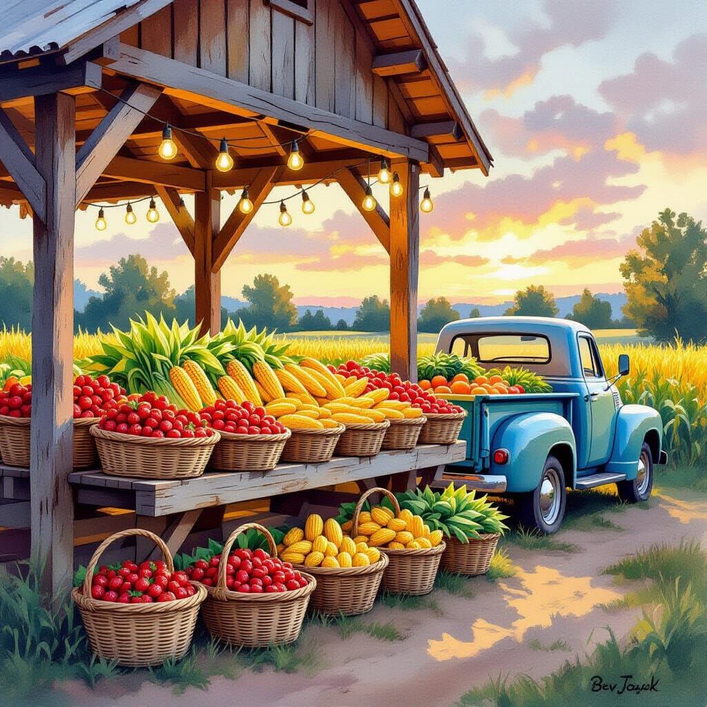 Rustic Farmstand at Dusk as Watercolor Painting