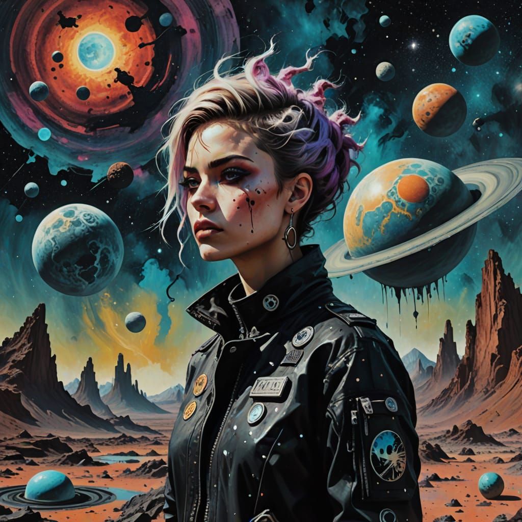 Punk Girl on Alien Planet Amidst Nebula