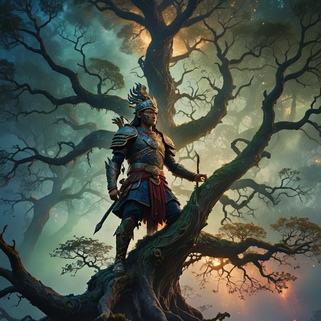 Mystical Warrior on Ancient Tree in Ethereal Mist