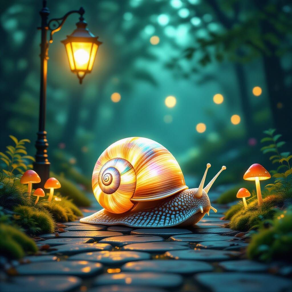 Glowing Snail in Mystical Forest, Storybook Illustration